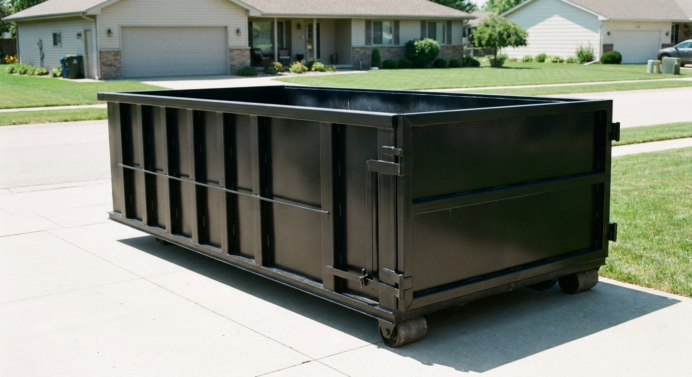 Matte-black 10-yard roll-off dumpster on a residential concrete driveway in Victorville, uniformly painted matte black across every panel and rail, ribbed steel sidewalls and rear swing door visible, mid-day daylight.