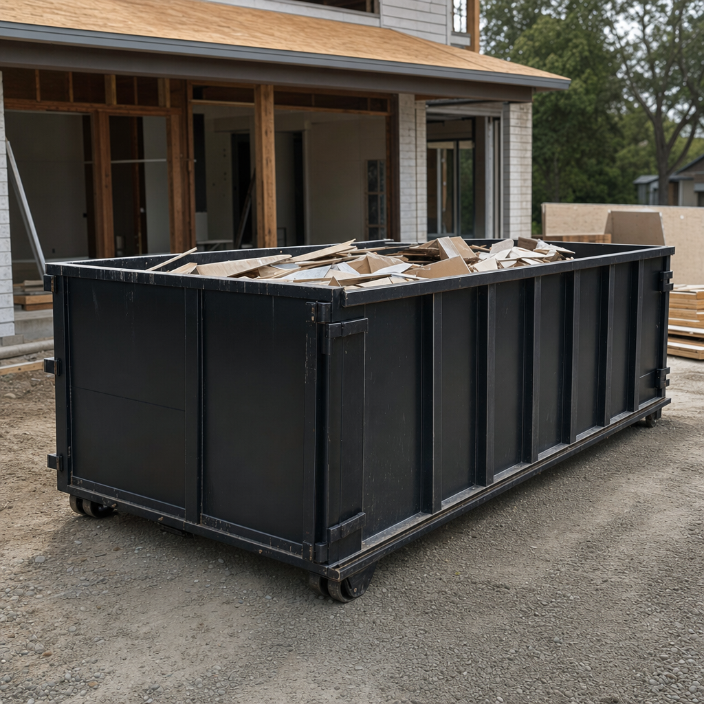 Large matte-black 30-yard construction roll-off dumpster at an active Victorville jobsite, steel-gray top rails and bottom rollers visible, loaded with construction debris.