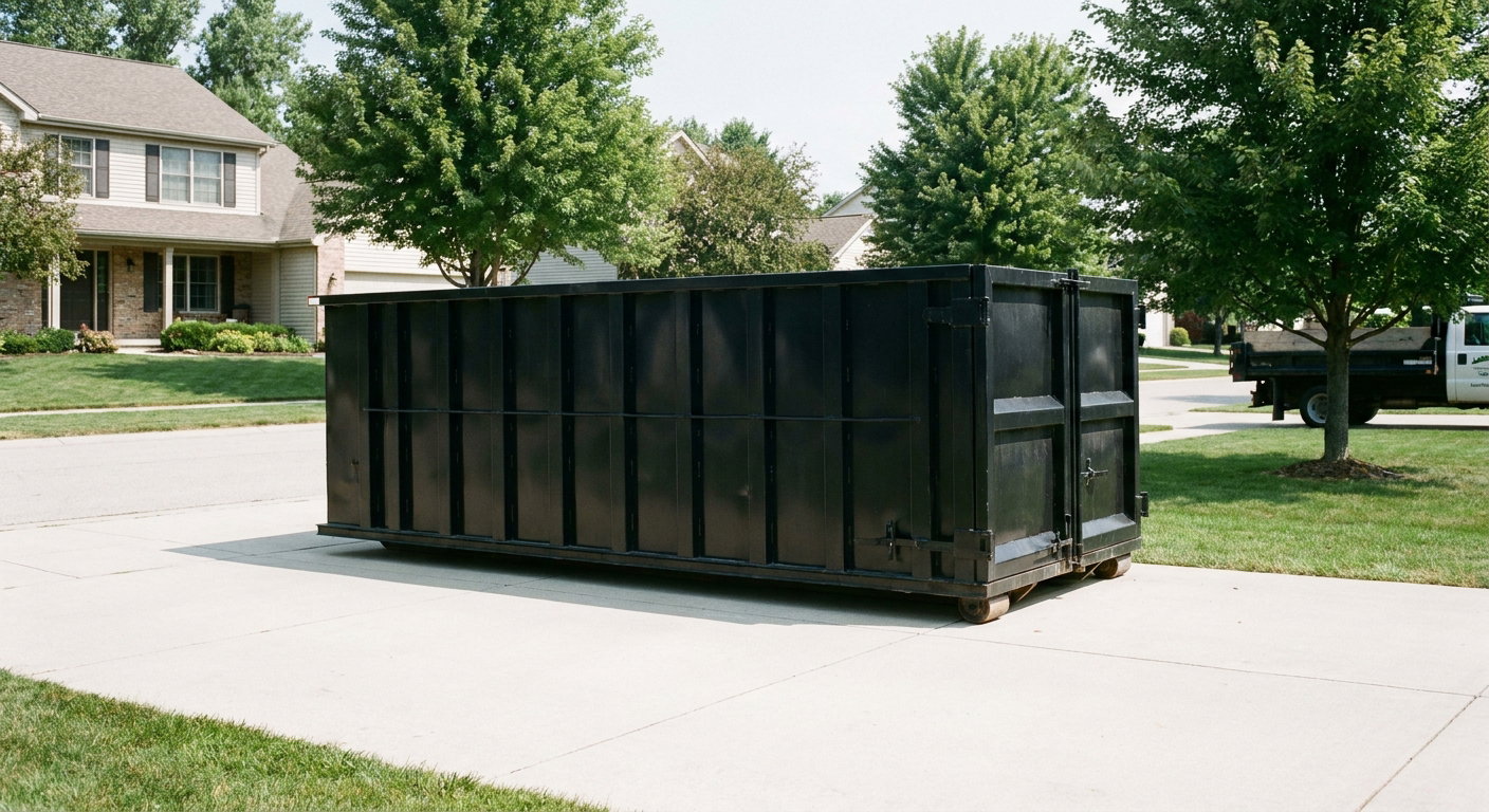 Matte-black 20-yard roll-off dumpster sitting level on a clean Victorville residential concrete driveway under bright daylight, demonstrating clean placement directly on the concrete.