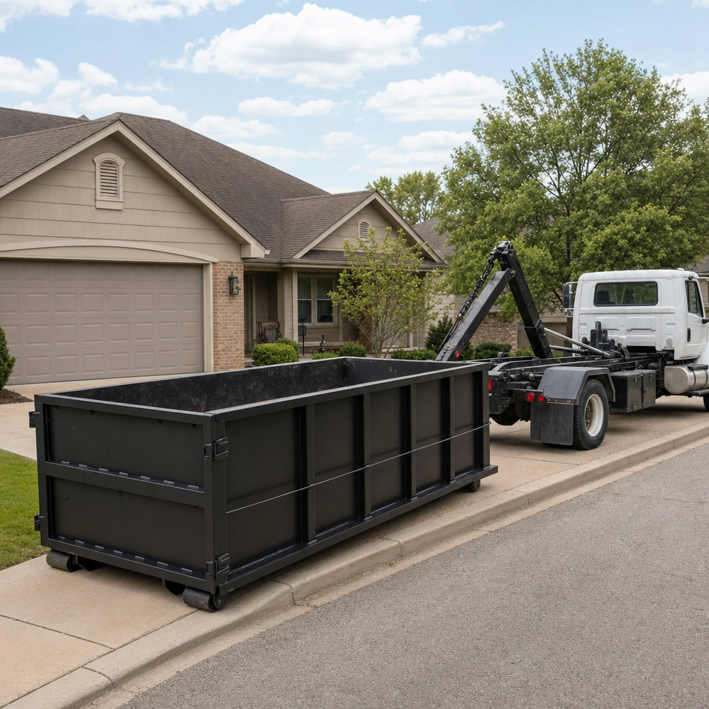 Wide documentary shot of a matte-black roll-off dumpster on a Victorville residential driveway in the foreground and a contractor jobsite container in the soft-focus background, bright daylight, calm and orderly composition.