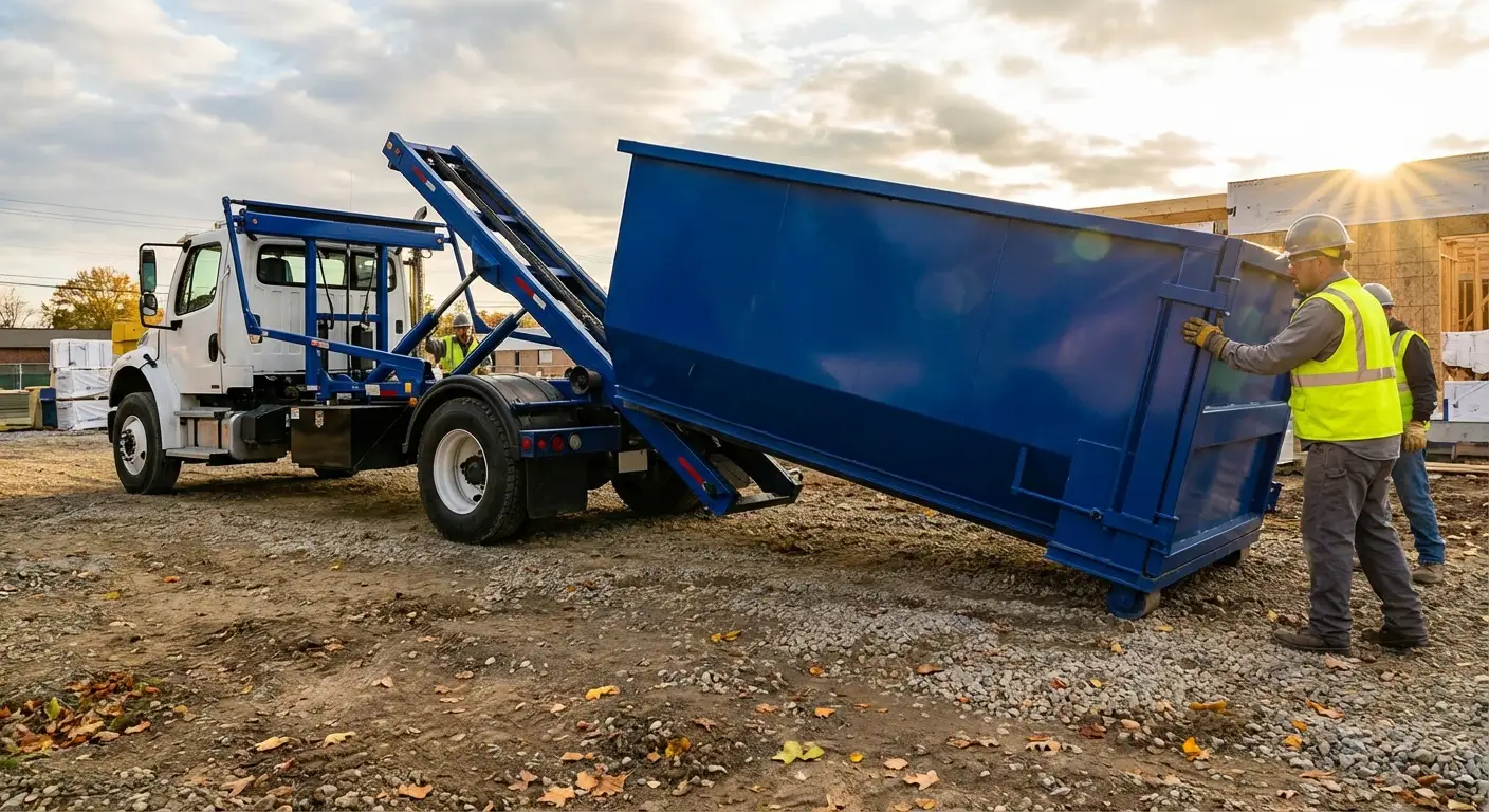 Construction dumpster delivery truck at job site in Victorville, CA