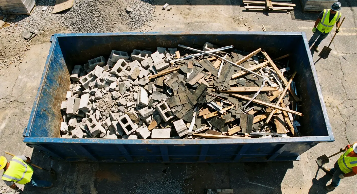 Roll-off dumpster loaded with construction debris in Victorville, CA