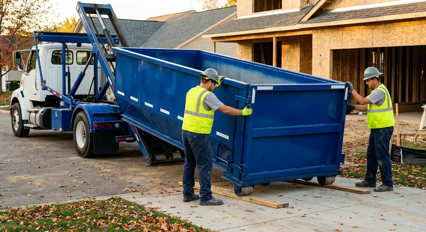 Roll-off dumpster delivery truck in residential area in Victorville, CA