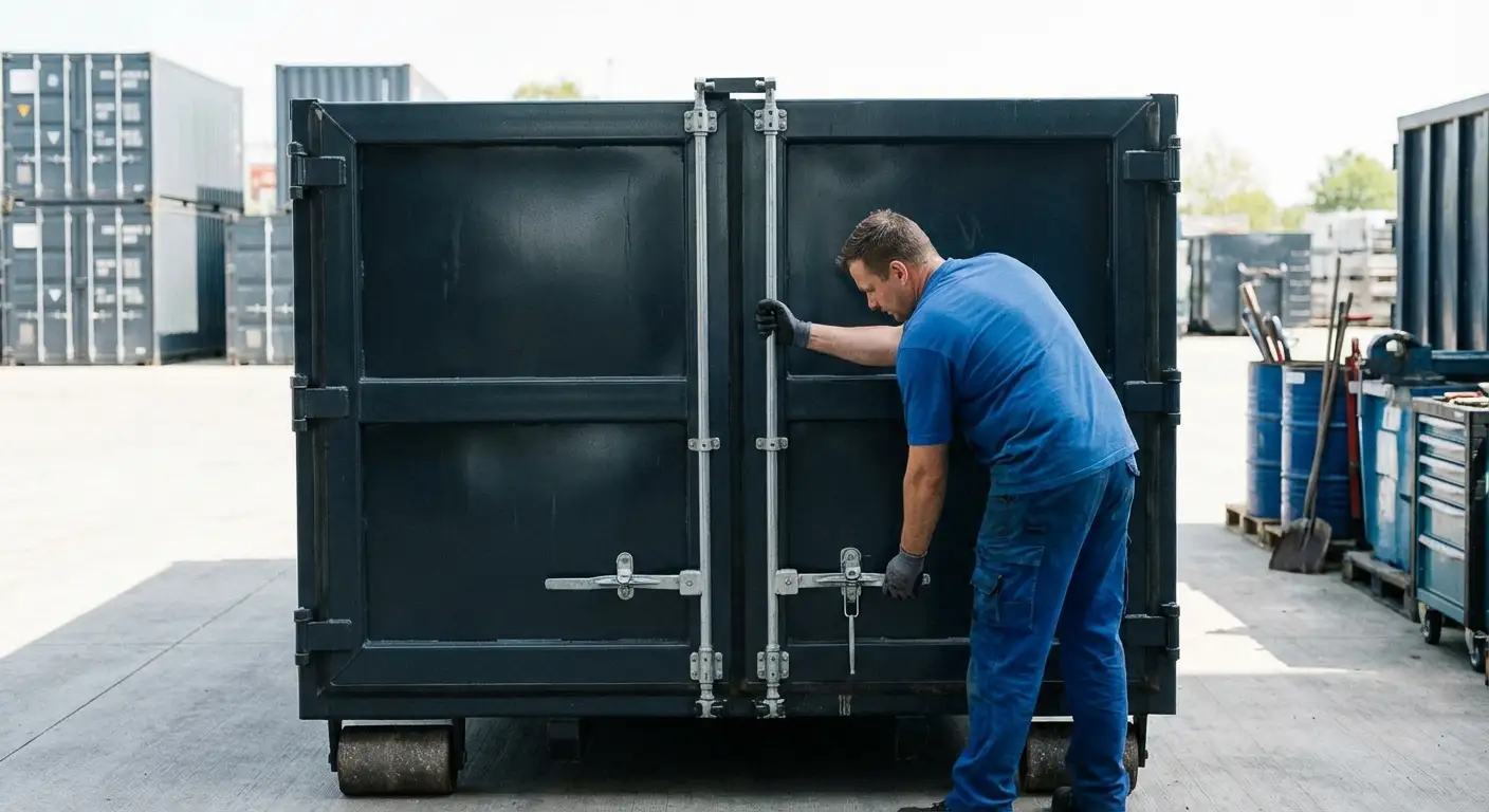 Dumpster walk-in loading door open showing easy access in Victorville, CA